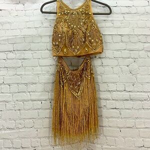 Sherri Hill Gold‎ Cocktail formal dress with glass beaded fringe size 8 2pc